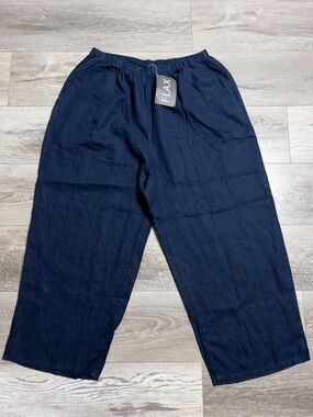 FLAX 100% Linen Navy Blue Wide Leg Flood Pants, Size 1G 18 - 20 Artsy Lagenlook